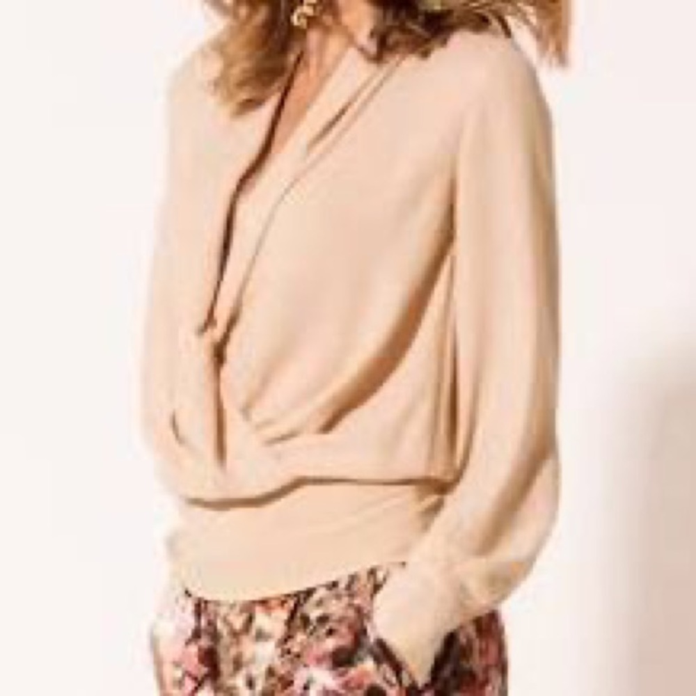 Boston Proper Drape Front Wrap Blouse Plunge Neck Top Peach Biscotti 8 $79